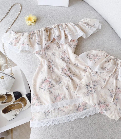Women Ruffle Off-Shoulder Lace Border Floral Mini Dress with Cute Hairband